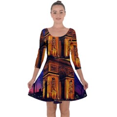 Paris Cityscapes Lights Multicolor France Quarter Sleeve Skater Dress by Sapixe