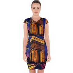 Paris Cityscapes Lights Multicolor France Capsleeve Drawstring Dress  by Sapixe