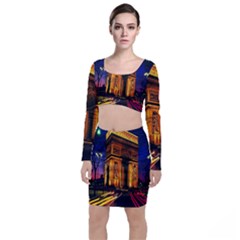 Paris Cityscapes Lights Multicolor France Long Sleeve Crop Top & Bodycon Skirt Set by Sapixe