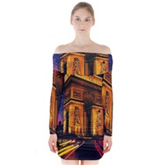 Paris Cityscapes Lights Multicolor France Long Sleeve Off Shoulder Dress by Sapixe