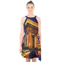 Paris Cityscapes Lights Multicolor France Halter Collar Waist Tie Chiffon Dress by Sapixe