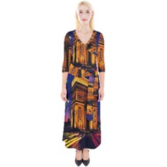 Paris Cityscapes Lights Multicolor France Quarter Sleeve Wrap Maxi Dress by Sapixe