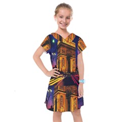 Paris Cityscapes Lights Multicolor France Kids  Drop Waist Dress by Sapixe