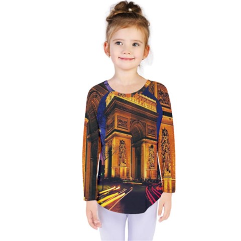 Paris Cityscapes Lights Multicolor France Kids  Long Sleeve Tee by Sapixe