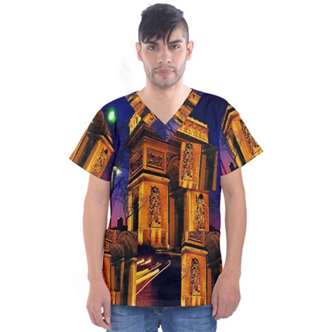 Paris Cityscapes Lights Multicolor France Men s V-neck Scrub Top by Sapixe