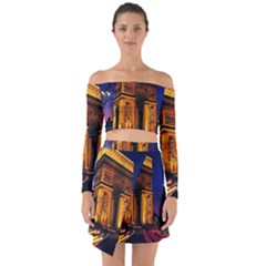 Paris Cityscapes Lights Multicolor France Off Shoulder Top With Skirt Set by Sapixe