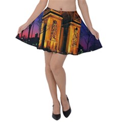 Paris Cityscapes Lights Multicolor France Velvet Skater Skirt by Sapixe