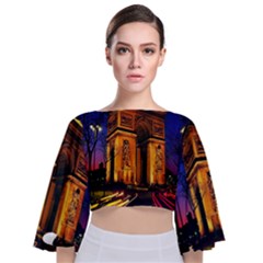 Paris Cityscapes Lights Multicolor France Tie Back Butterfly Sleeve Chiffon Top by Sapixe