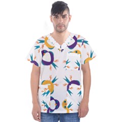 Pattern Circular Birds Men s V-Neck Scrub Top