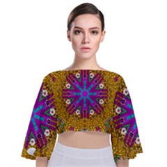 Golden Retro Medival Festive Fantasy Nature Tie Back Butterfly Sleeve Chiffon Top by pepitasart