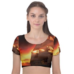 Pirate Ship Caribbean Velvet Short Sleeve Crop Top  by Sapixe