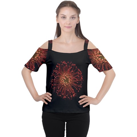 Red Flower Blooming In The Dark Cutout Shoulder Tee by Sapixe