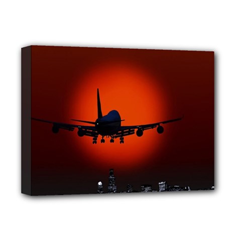 Red Sun Jet Flying Over The City Art Deluxe Canvas 16  X 12   by Sapixe