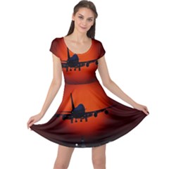 Red Sun Jet Flying Over The City Art Cap Sleeve Dress by Sapixe