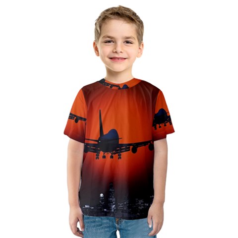 Red Sun Jet Flying Over The City Art Kids  Sport Mesh Tee by Sapixe