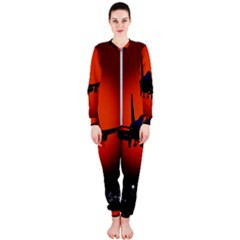 Red Sun Jet Flying Over The City Art Onepiece Jumpsuit (ladies)  by Sapixe