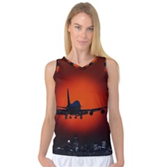 Red Sun Jet Flying Over The City Art Women s Basketball Tank Top by Sapixe