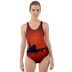 Red Sun Jet Flying Over The City Art Cut-out Back One Piece Swimsuit by Sapixe