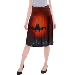 Red Sun Jet Flying Over The City Art Midi Beach Skirt by Sapixe