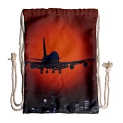 Red Sun Jet Flying Over The City Art Drawstring Bag (large) by Sapixe