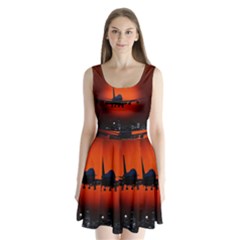 Red Sun Jet Flying Over The City Art Split Back Mini Dress  by Sapixe