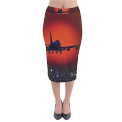 Red Sun Jet Flying Over The City Art Velvet Midi Pencil Skirt by Sapixe