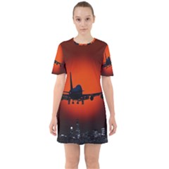 Red Sun Jet Flying Over The City Art Sixties Short Sleeve Mini Dress by Sapixe