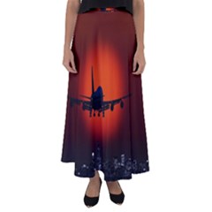 Red Sun Jet Flying Over The City Art Flared Maxi Skirt by Sapixe