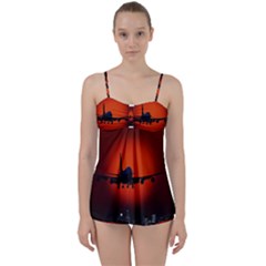 Red Sun Jet Flying Over The City Art Babydoll Tankini Set by Sapixe