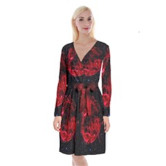 Red Nebulae Stella Long Sleeve Velvet Front Wrap Dress by Sapixe