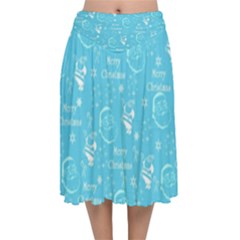 Santa Christmas Collage Blue Background Velvet Flared Midi Skirt