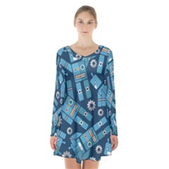 Seamless Pattern Robot Long Sleeve Velvet V-neck Dress by Sapixe