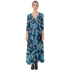 Seamless Pattern Robot Button Up Boho Maxi Dress by Sapixe