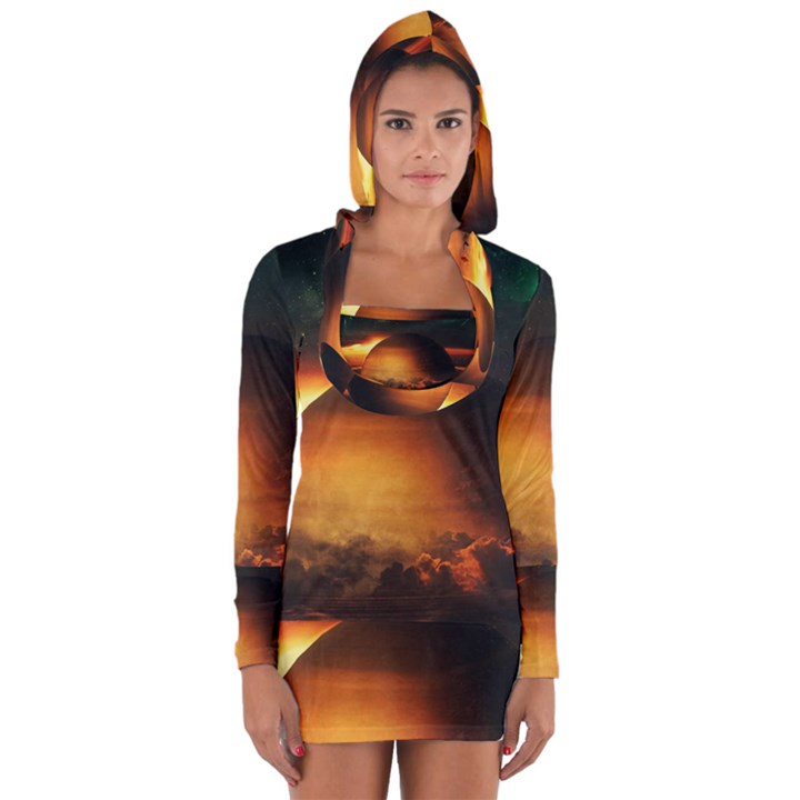 Saturn Rings Fantasy Art Digital Long Sleeve Hooded T-shirt