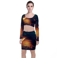 Saturn Rings Fantasy Art Digital Long Sleeve Crop Top & Bodycon Skirt Set