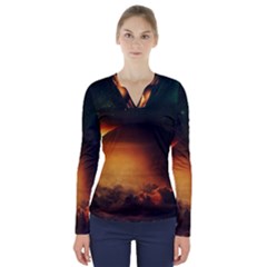 Saturn Rings Fantasy Art Digital V-neck Long Sleeve Top by Sapixe