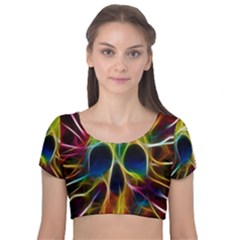 Skulls Multicolor Fractalius Colors Colorful Velvet Short Sleeve Crop Top 