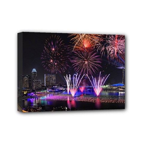 Singapore The Happy New Year Hotel Celebration Laser Light Fireworks Marina Bay Mini Canvas 7  X 5  by Sapixe