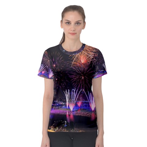 Singapore The Happy New Year Hotel Celebration Laser Light Fireworks Marina Bay Women s Sport Mesh Tee by Sapixe