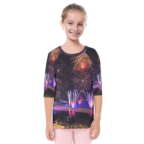 Singapore The Happy New Year Hotel Celebration Laser Light Fireworks Marina Bay Kids  Quarter Sleeve Raglan Tee by Sapixe