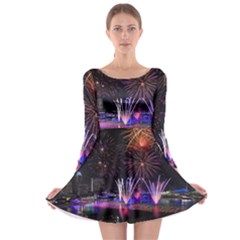 Singapore The Happy New Year Hotel Celebration Laser Light Fireworks Marina Bay Long Sleeve Skater Dress by Sapixe