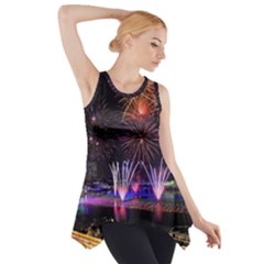 Singapore The Happy New Year Hotel Celebration Laser Light Fireworks Marina Bay Side Drop Tank Tunic by Sapixe