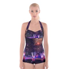 Singapore The Happy New Year Hotel Celebration Laser Light Fireworks Marina Bay Boyleg Halter Swimsuit  by Sapixe