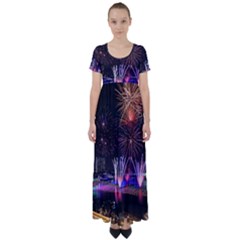 Singapore The Happy New Year Hotel Celebration Laser Light Fireworks Marina Bay High Waist Short Sleeve Maxi Dress by Sapixe