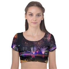 Singapore The Happy New Year Hotel Celebration Laser Light Fireworks Marina Bay Velvet Short Sleeve Crop Top  by Sapixe