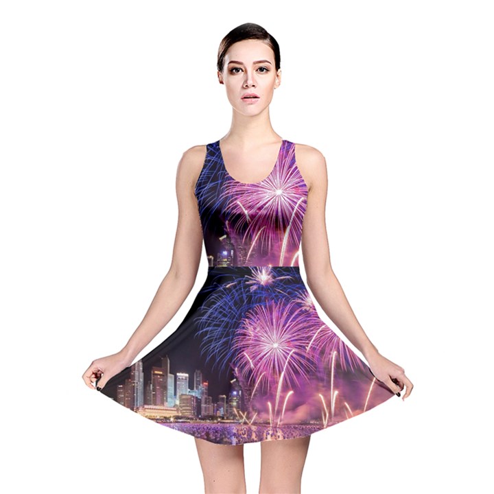 Singapore New Years Eve Holiday Fireworks City At Night Reversible Skater Dress