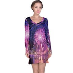 Singapore New Years Eve Holiday Fireworks City At Night Long Sleeve Nightdress