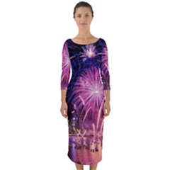 Singapore New Years Eve Holiday Fireworks City At Night Quarter Sleeve Midi Bodycon Dress