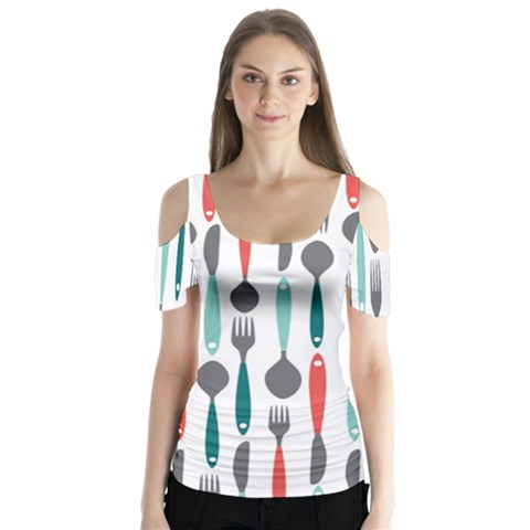 Spoon Fork Knife Pattern Butterfly Sleeve Cutout Tee  by Sapixe