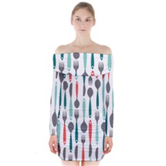 Spoon Fork Knife Pattern Long Sleeve Off Shoulder Dress by Sapixe